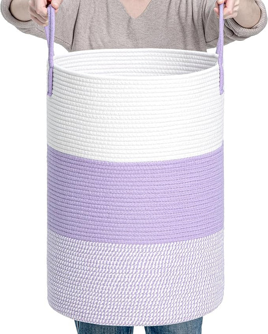 CLHMILY&Z 60L Laundry Basket Round Storage Rope Basket - 15x20.5 Inches - Lavender Hamper in Bedreoom and Cute Storage Bin for Blankets, Toys, and Nursery Essentials