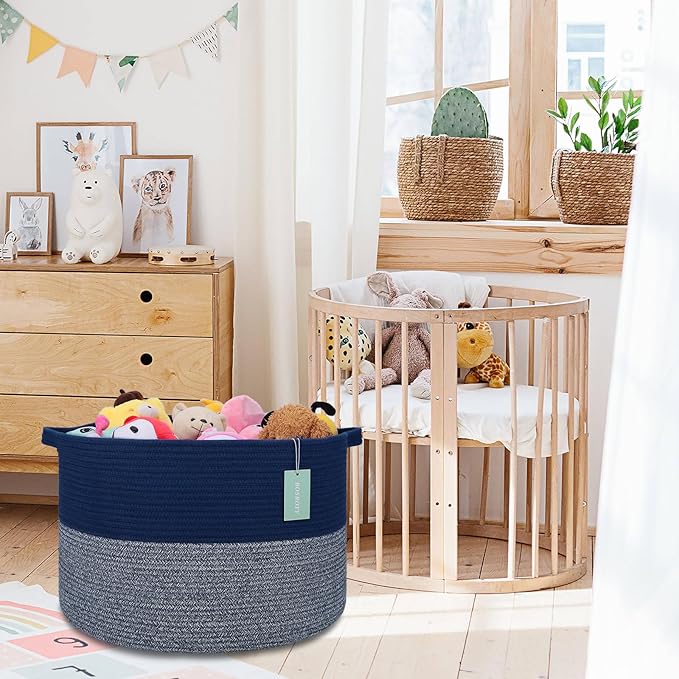 Extra Large Blanket Basket 87L, Laundry Hamper, Baby Nursery Hamper for Storage Toys Clothes Towels, Large Cotton Rope Laundry Basket for Girls Boys, 22”x 14”, Navy Blue