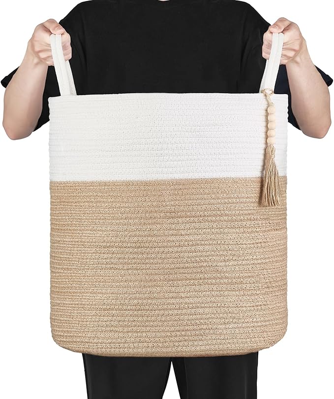 Mkono Woven Storage Basket Decorative Rope Basket Wooden Bead Decoration for Blankets,Toys,Clothes,Shoes,Plant Organizer Bin with Handles Living Room Home Decor, 15"Wx17.7"L,White and Yellow