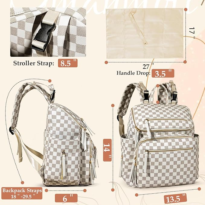 Checkered Diaper Bag Backpack Large Baby Diaper Bag Leather with 17 Diaper Bag Organizing Pouches,Changing Pad,Stroller Straps,4 Insulated Pockets,Beige&Honey