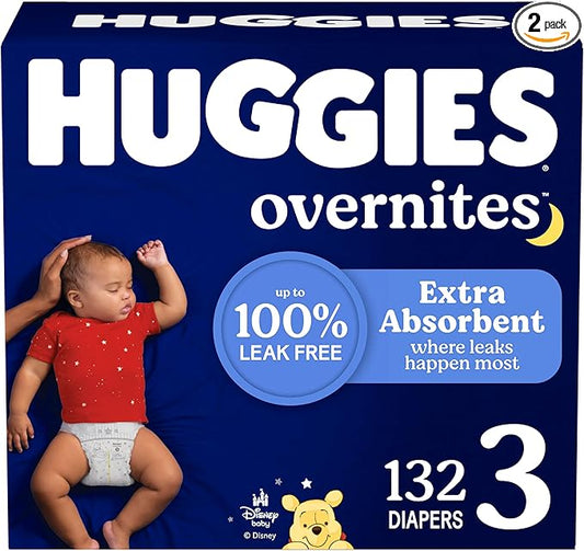 Huggies Size 3 Overnites Baby Diapers: Overnight Diapers, Size 3 (16-28 lbs), 132 Ct (2 Packs of 66), Packaging May Vary