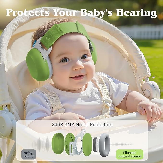 Bella's Friends Baby Ear Protection for Infants & Toddlers(3–48 Months) - Lightweight 24dB Noise Cancelling Headphones - Safe fit & Comfort Earmuffs - Improve Sleep - Baby Travel Essential, Green