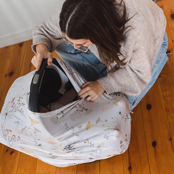 Pobi Baby Premium Multi-Use Cover - Nursing Cover, Baby Car Seat Covers, Shopping Cart, High Chair, and Breastfeeding Cover - Ultra-Soft, Stretchy, Floral Scarf for Baby and Mom (Wildflower)