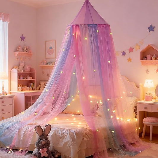Rainbow Bed Canopy with Glow in The Dark Stars,X-Large Princess Rainbow Bed Curtains Mosquito Netting for Girls Bedroom,Kids Fairy Dream Play Hanging Canopy Tent for Room