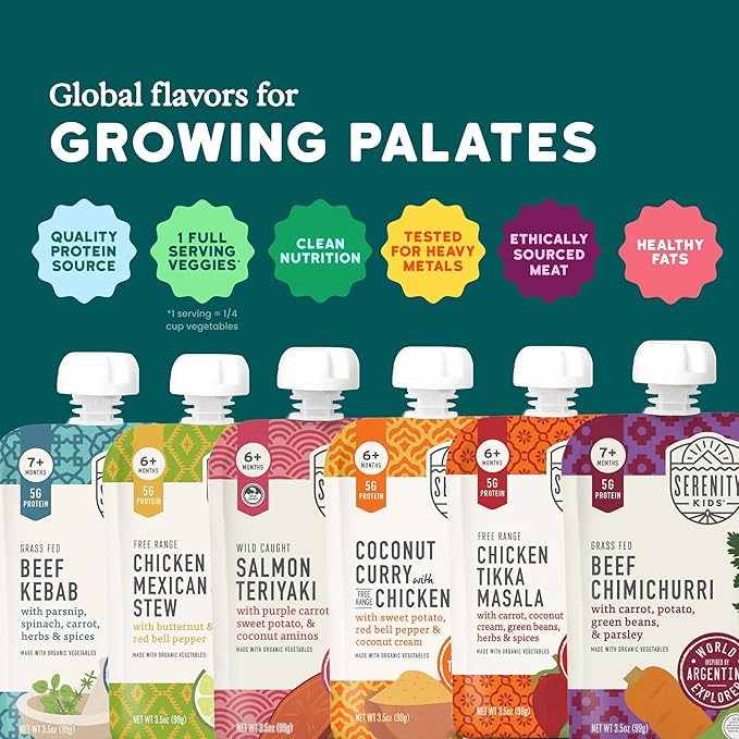 Serenity Kids 7+ Months World Explorers Baby Food Pouches - Puree With Ethically Sourced Meats & Organic Veggies - BPA-Free Organic Baby Food - 3.5 Oz, 18 Pack