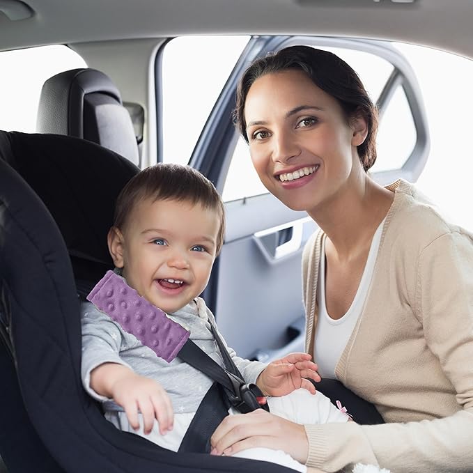 Baby Car Seat Neck Cover, Car Seat Strap Cover, Seat Belt Cushions Pads, Shoulder Strap Protectors, Reversible Pram Harness Covers in Minky Purple, Baby Neck Pad Protector