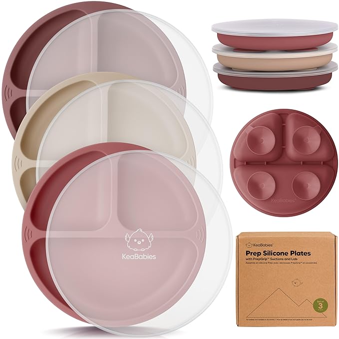 KeaBabies Suction Plates with Lids for Baby - 3-Pack 100% Silicone Toddler Plates with Suction, Divided, BPA-Free Baby Led Weaning Essentials for Kids, Dishwasher, Microwave Safe, Durable (Burgundy)