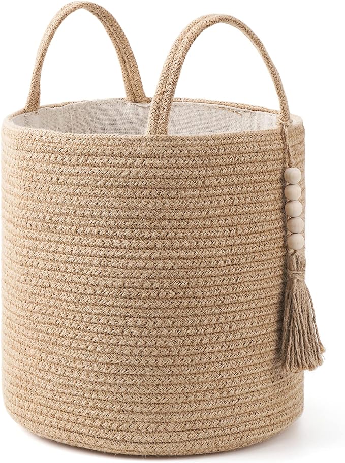Mkono Woven Storage Basket Decorative Natural Rope Basket Wooden Bead Decoration for Blankets,Toys,Clothes,Shoes,Plant Organizer Bin with Handles Living Room Home Decor (Brown, 28 x 28cm)