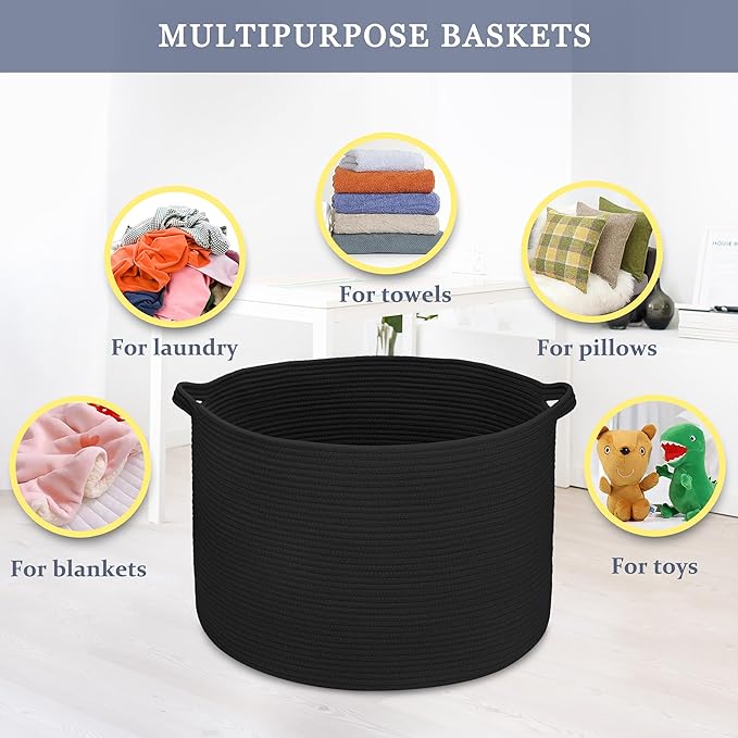 Extra Large Blanket Basket 87L, Laundry Hamper, Baby Nursery Hamper for Storage Toys Clothes Towels, Large Cotton Rope Laundry Basket for Girls Boys, 22”x 14”, Black