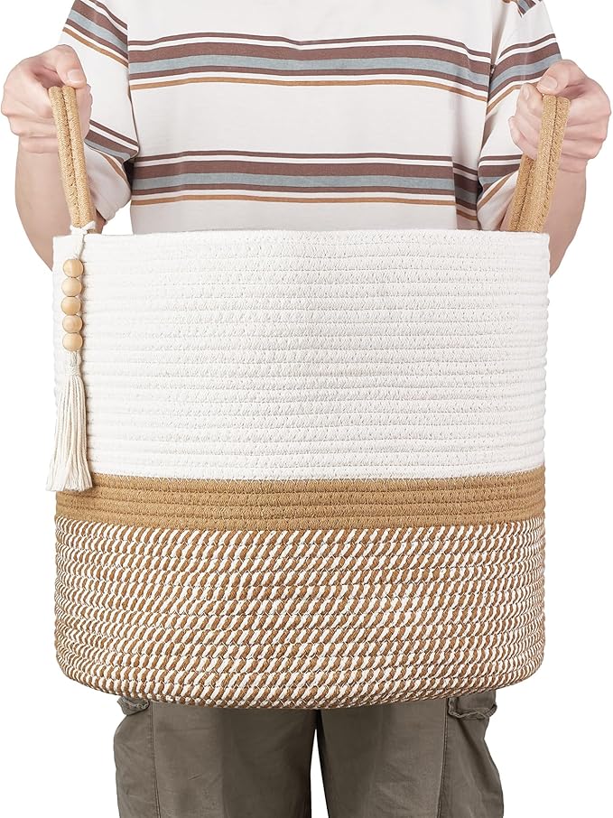 Mkono Woven Storage Basket Decorative Natural Rope Basket Wooden Bead Decoration for Blankets,Toys,Clothes,Shoes,Plant Organizer Bin with Handles Living Room Home Decor, 16"W×13.8"L, White and Brown