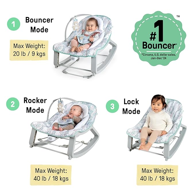 Ingenuity Keep Cozy 3-in-1 Grow with Me Vibrating Baby Bouncer Seat & Infant to Toddler Rocker, Vibrations & -Toy Bar, 0-30 Months Up to 40 lbs (Spruce)