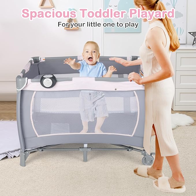 HONEY JOY Pack and Play with Bassinet, Infant Nursery Center Pack and Play w/Newborn Cradle & Hanging Toys, Diaper Storage, Music, Portable Baby Playard w/Changing Station (Starry Pink)