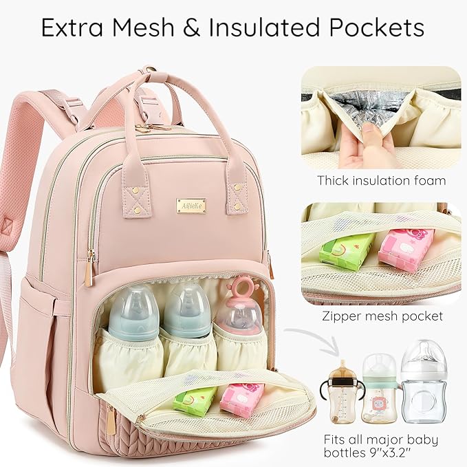 Diaper Bag Backpack - Large Multi functional, Boys, Girls & Baby Travel Essentials Tote with Changing Pad, Insulated Pockets, Stroller Straps, Waterproof - Baby Backpack for Mom & Maternity (Pink)