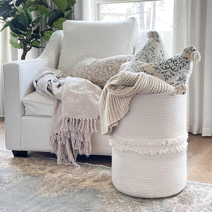 CherryNow Baby Laundry Hamper for Nursery, Tall Basket for Laundry Room, White Woven Storage Basket for Clothes, Toys, Towels, 16 x 22 inches, 69L