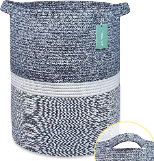 Large Blanket Basket, Nursery Hamper, Tall Laundry Basket 72L, Cotton Rope Woven Laundry Hamper for Storage Toys Clothes Towels, 16”x 22”, Blend Navy Blue & White