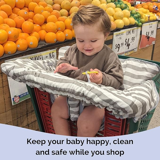 Suessie Shopping Cart Cover and High Chair Cover with Bolster Support Pillow (Gray and White Stripe with Cushion)