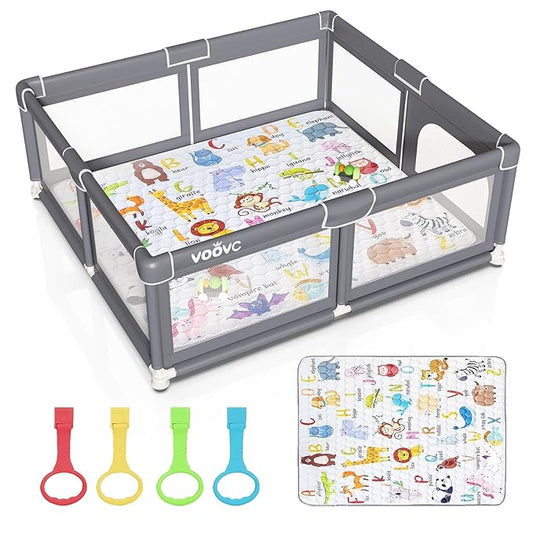 Premium Baby Playpen with Mat, 71x60 Inches Extra Large Play Pen for Babies and Toddlers, Indoor & Outdoor Activity Center, Safety Baby Playpen with Gate Prints (Enamel Gray)