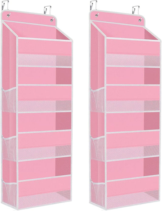 2 Pack Over The Door Organizer Hanging Storage Organizers with Clear Window 40lb Large Capacity Room Organizer for Pantry Laundry Bathroom Nursery Closet(Pink)
