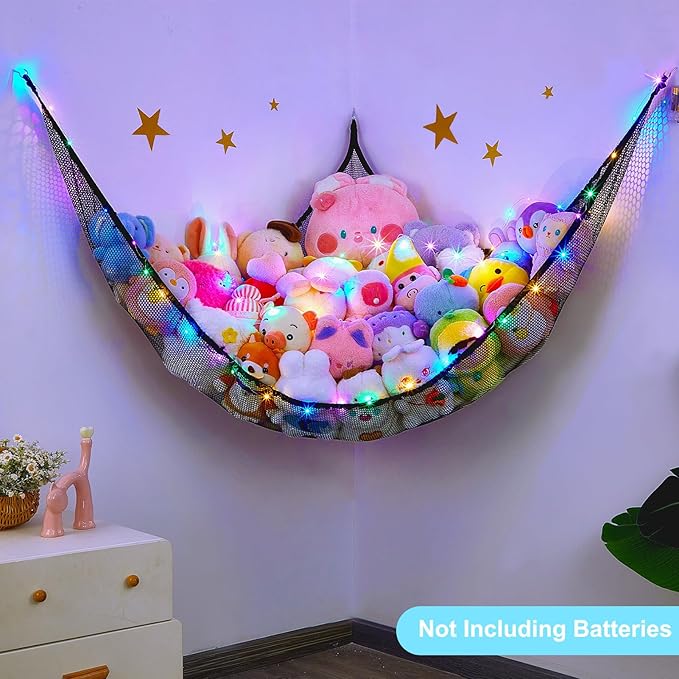 Unicorn Castle Stuffed Animals Net or Hammock Kids Toy Storage Organizer with LED Light Hanging Corner Stuffed Animals Holder Kids Girls Room Decor,Black,XL-Large-Pack of 1