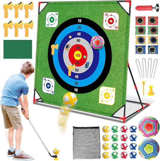 Mostop Golf Chipping Game with Stand - Golf Target Battle Game with Putting Mat, 12 Sticky Balls, 6 Axes, 2 Soccer Balls, 8 Bean Bags, Outdoor Golf Yard Game for Chipping Practice for Dads Golfers