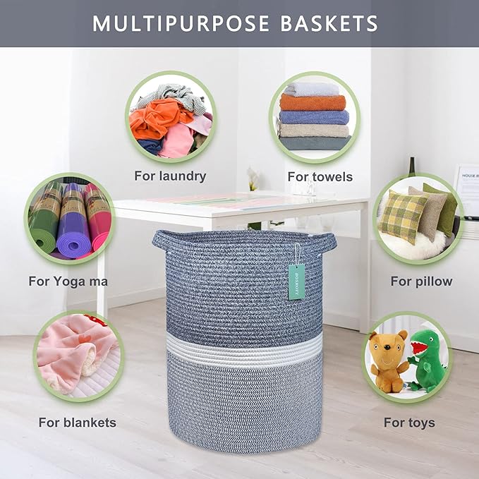 Large Blanket Basket, Nursery Hamper, Tall Laundry Basket 72L, Cotton Rope Woven Laundry Hamper for Storage Toys Clothes Towels, 16”x 22”, Blend Navy Blue & White
