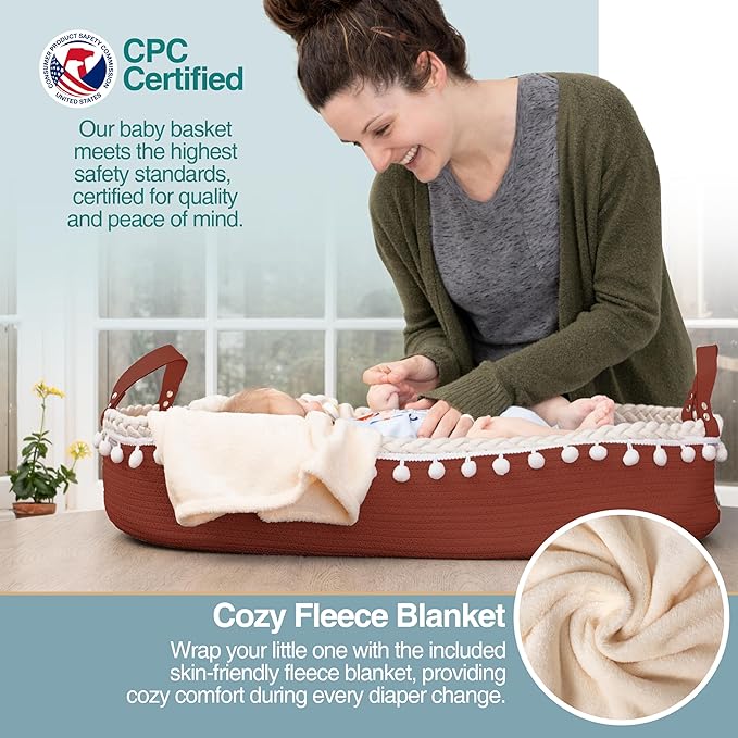 Baby Changing Basket - Portable Changing Pad for Dresser - Foldable Moses Basket for Babies - Includes Thick Pad, Felt Letter Board, Waterproof Pad Covers, Fleece Blanket, Cotton Carry Bag