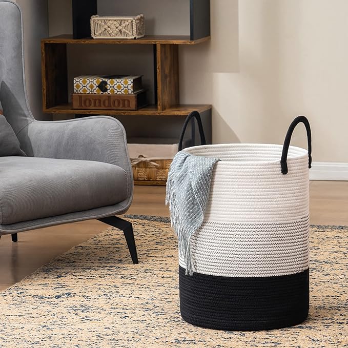 YOUDENOVA Woven Rope Laundry Hamper Basket, 72L Tall Laundry Basket, Baby Nursery Hamper for Blanket Storage in Bedroom-Large-Dark White