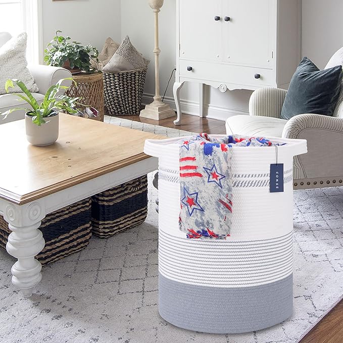 COMSE Extra Large Blanket Basket, Tall Laundry Basket, Nursery Hamper, 15.7”x 21.7”, Cotton Rope Woven Laundry Hamper for Storage Toys Clothes Towels, Light Gray & White