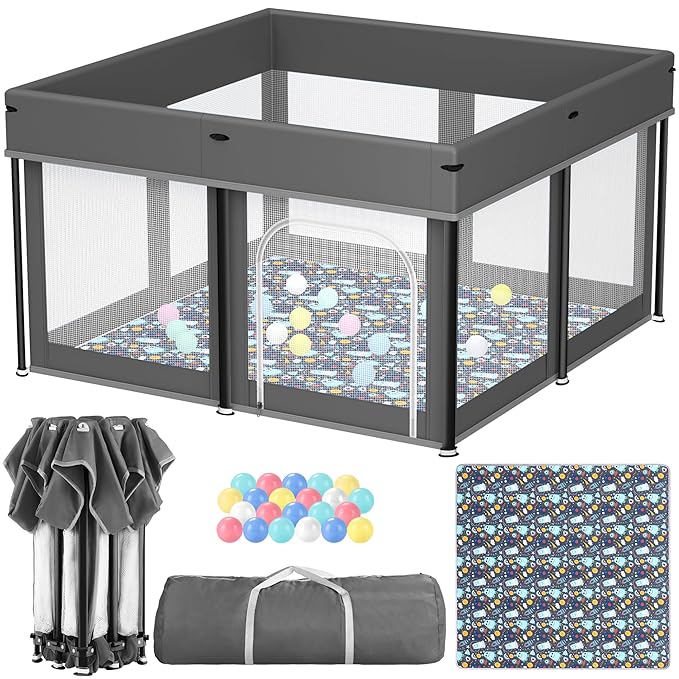 Foldable Baby Playpen, 50"×50" Play Yard Playpen for Babies and Toddlers 1-3, Portable Playpen with Mat, Play Fence Gate Corrales para Bebes