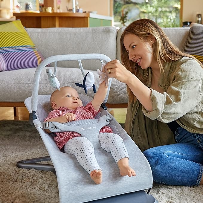 Ergobaby Evolve Bouncer Toy Bar Accessory for Infant and Toddler Play, Compatible with Ergobaby Evolve Baby Bouncer, Ocean Animals Design - Ocean Wonders Light Grey
