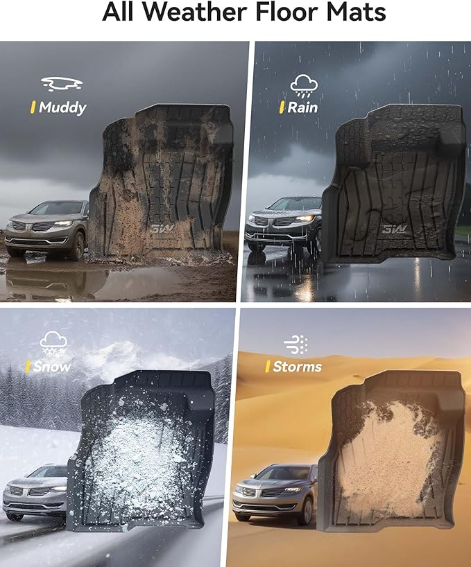 3W Floor Mats for Lincoln MKX 2016 2017 2018 & Lincoln Nautilus 2019-2022, Custom Fit TPE All Weather Floor Liners, 1st & 2nd Row Full Set, Black