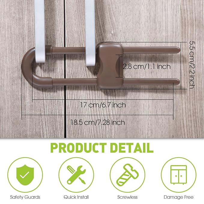 Jetec 10 Pieces Cabinet Locks for Babies, U-Shaped Proofing Drawers Safety Child Locks Adjustable, Easy to Use Childproof Latch for Knob Handle on Kitchen Door Storage Cupboard Closet (Brown)