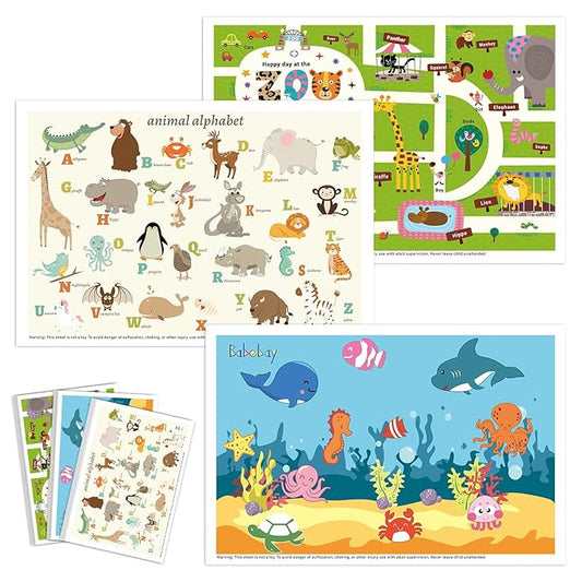 Babebay Disposable Placemats for Baby, 60 Pack Sticky Toddler Placemat for Restaurants, Dining Table, Party, Travel, 12" x 18" with 3 Designs