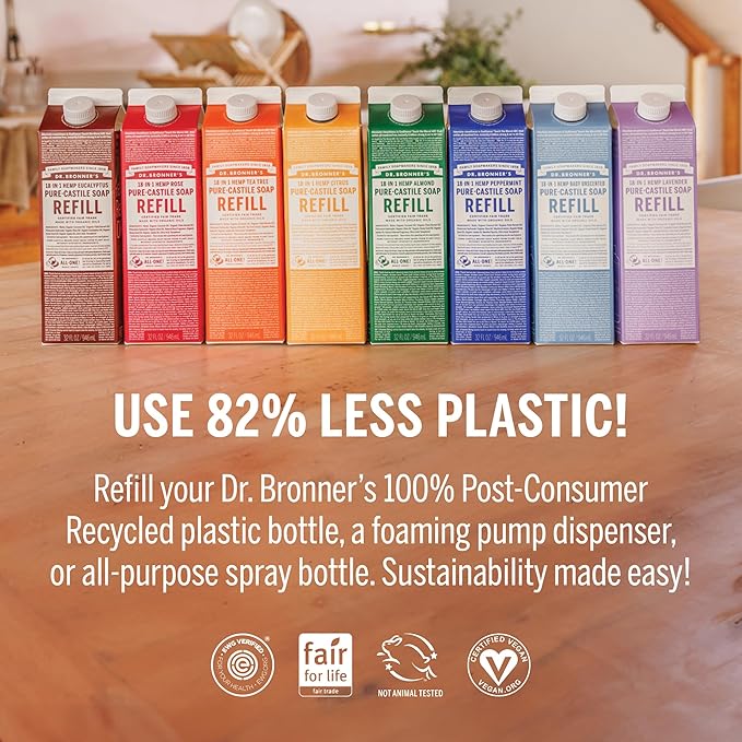 Dr. Bronner's Pure-Castile Liquid Magic Soap Bottle & Refill Carton - Made with Regenerative Organic Certified Oils, 86% Less Plastic per Quart - For Face, Body Wash, Hand Soap Refill- Lavender, 32oz