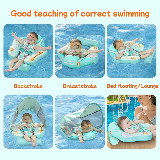 Mambobaby Float with Canopy and Tail New Upgraded Non-Inflatable Baby Pool Float Mambo Float Swim Trainer Solid Infant Swim Float Adjustable Pearl Foam Baby Swim Ring