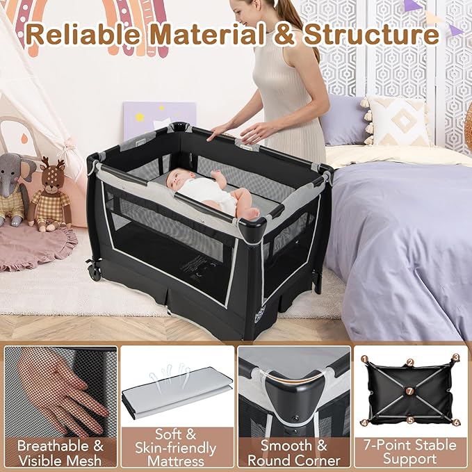 HONEY JOY Pack and Play, 5 in 1 Portable Infant Playpen with Bassinet & Changing Table, Storage Bag, Music Box, Toys, Carry Bag, Nursery Center, Baby Playard Pack n Play Crib for Boys Girls