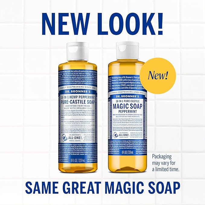 Dr. Bronner's Pure-Castile Magic Liquid Soap (Peppermint, 8 Ounce)- Made with Organic Oils, 18-in1 Uses: Face, Hair, Hand & Body Soap, Laundry, Pets- Concentrated, Vegan, Non-GMO