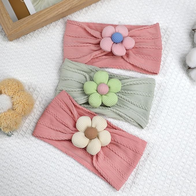 3 Pcs Baby Flower Headbands Baby Girls Nylon Headbands Soft Hairbands Hair Accessories for Newborn Infant Toddler Kids (Rose Pink‌ Green)