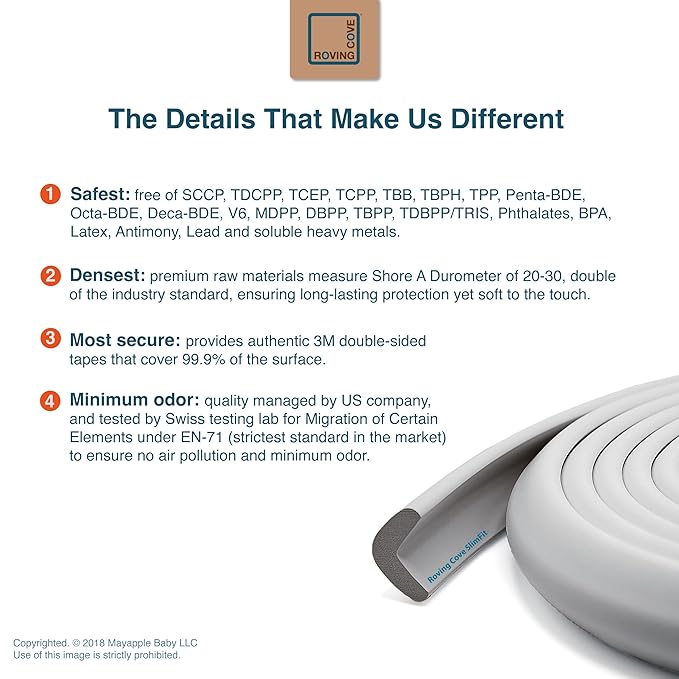 Roving Cove Slim-Fit Edge Protector for Baby Proofing (9ft Small Edges Only), Soft Rubber Foam Furniture Safety Bumper Guard, Desk Cushion, 3M Adhesive, Stone Grey