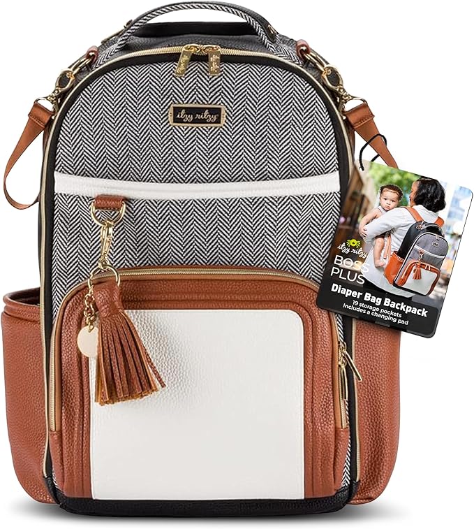 Itzy Ritzy Diaper Bag Backpack – Large Capacity Boss Plus Baby Backpack Diaper Bag Featuring 19 Pockets, Changing Pad, Stroller Clips, and Comfortable Straps (Coffee & Cream)