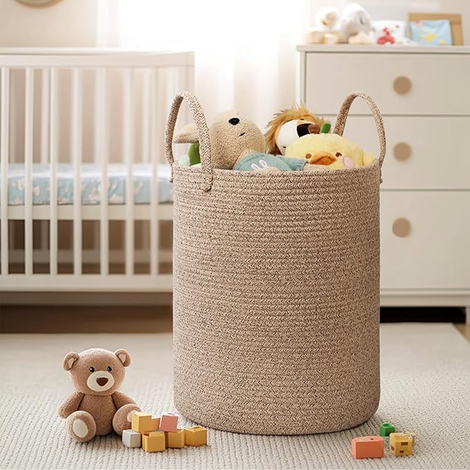 Large Woven Laundry Basket, 15"x18" Tall Blanket Storage for Living Room, Cute Nursery Kids Baby Laundry Hamper, Wicker Hamper for Bedroom Aesthetic, Cotton Rope Dirty Clothes Decor Basket