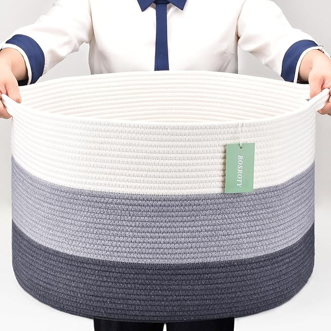 Extra Large Blanket Basket 87L, Laundry Hamper, Baby Nursery Hamper for Storage Toys Clothes Towels, Large Cotton Rope Laundry Basket for Girls Boys, 22”x 14”, White & Gray