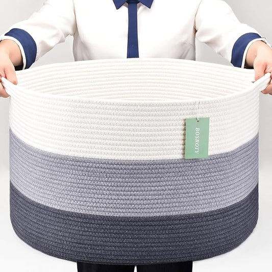 Extra Large Blanket Basket 87L, Laundry Hamper, Baby Nursery Hamper for Storage Toys Clothes Towels, Large Cotton Rope Laundry Basket for Girls Boys, 22”x 14”, White & Gray