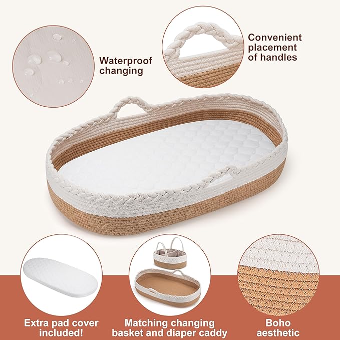 Baby Changing Basket by The Baby Wey, Moses Basket, Foam Basket Pad, 2 Washable Waterproof Pad Covers, Matching Diaper Caddy, Cloth Tote Bag for Traveling, Portable Changing Pad