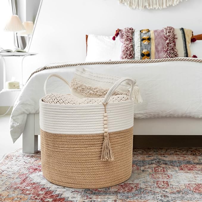 Mkono Woven Storage Basket Decorative Natural Rope Basket Wooden Bead Decoration for Blankets,Toys,Clothes,Shoes,Plant Organizer Bin with Handles Living Room Home, 16" Wx13.8 L, Cream White and Brown