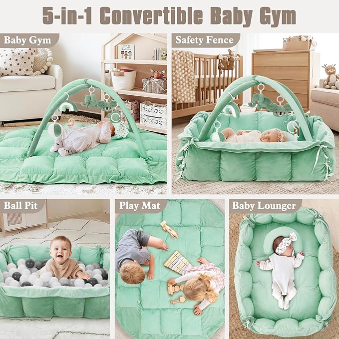 5-in-1 Plush Baby Play Gym, Baby Play Mats, Convertible Baby Gym with Pillow, Tummy time mat, Baby&Ped Bed, 6 Sensory Toys, Activity Center from Newborn to Toddler, Ball Pit, Rectangular Sage Green