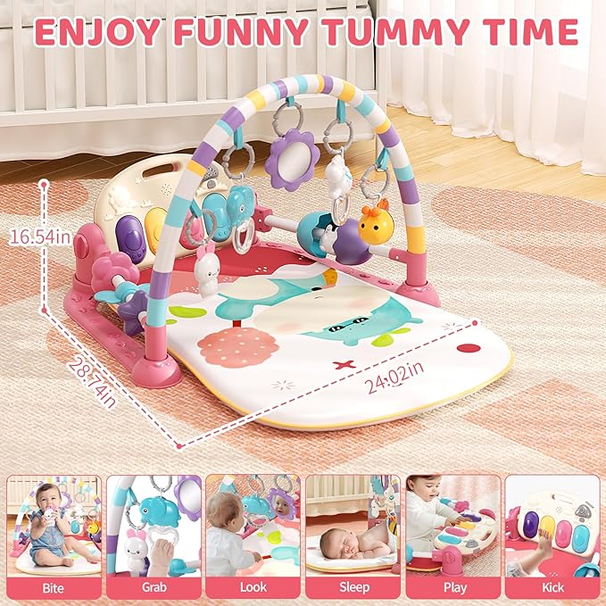 Baby Gym With Kick and Play Piano - Activity Mat for Tummy Time With 5 Infant Learning Sensory, Music and Lights for Newborn Boy or Girl (Pink)