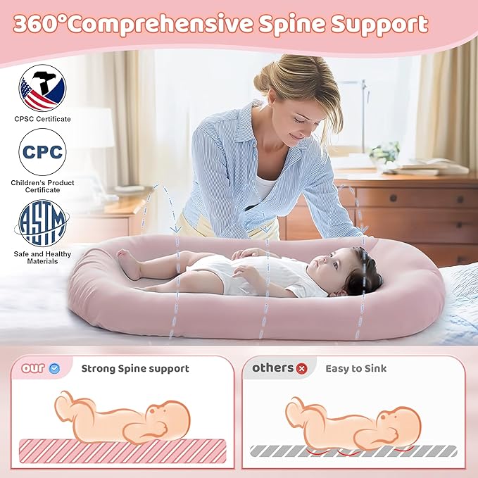 Baby Lounger - Baby Lounger for Newborn, 0-24 Months, Infant Lounger for Home and Travel, Soft Cotton, Baby Nest Lounger, Newborn Babies Essentials Gifts, Pink (Lounger Cover Included)