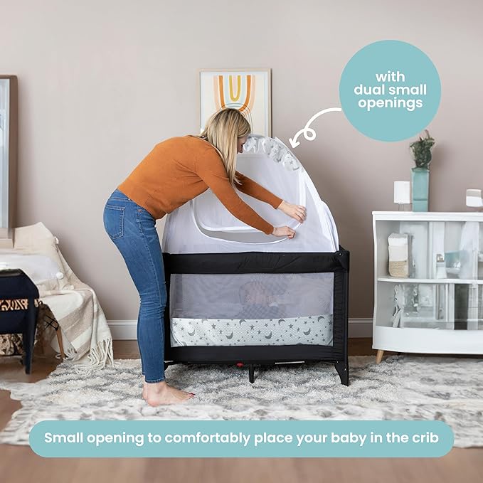 Premium Pack n Play Tent, Mini Crib Tent to Keep Baby from Climbing Out, Auto Pop Up Pack and Play Tent with Auto-Lock Zippers, Thick Velvety Breathable Mesh (Stars & Moons - Ruffles)