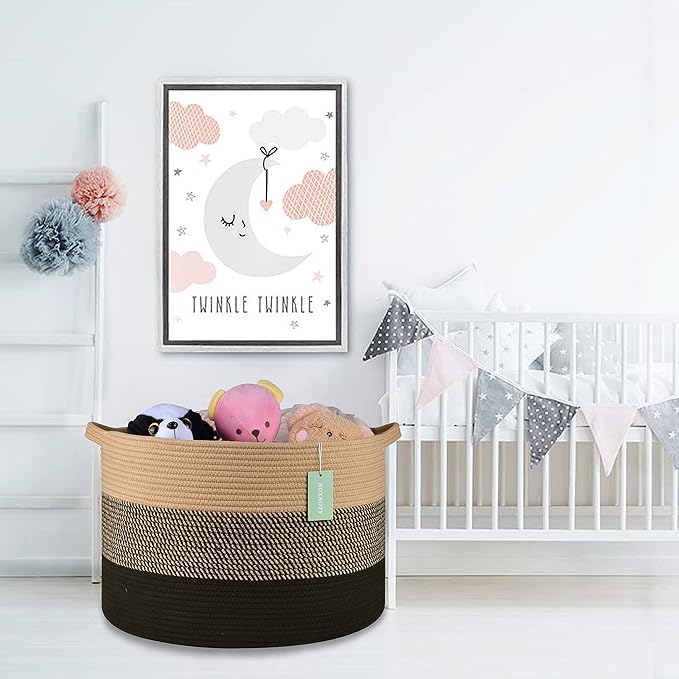 Extra Large Blanket Basket 87L, Laundry Hamper, Baby Nursery Hamper for Storage Toys Clothes Towels, Large Cotton Rope Laundry Basket for Girls Boys, 22”x 14”, Brown & Black